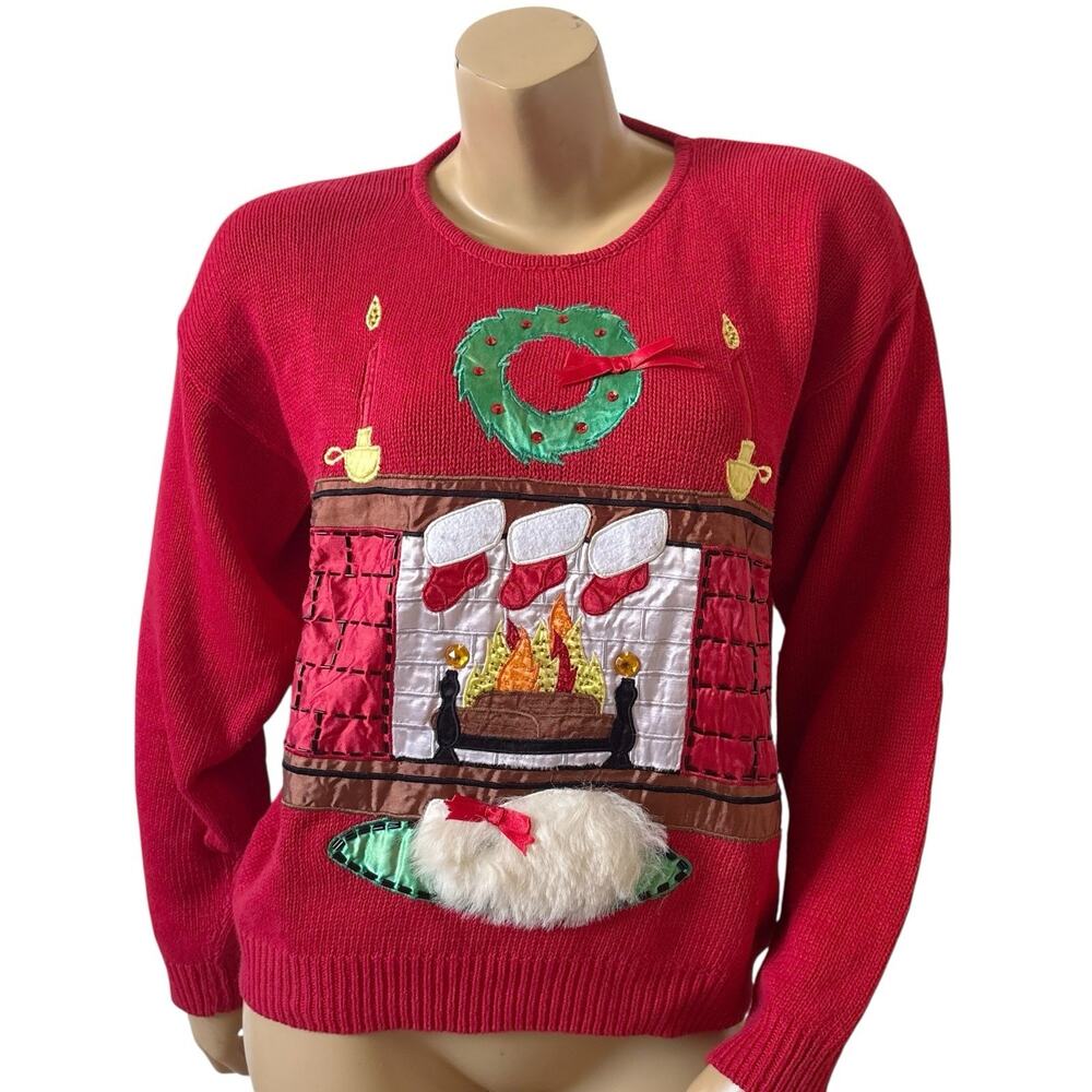 Vintage Lauren Cole Petites Beaded Ugly Christmas Sweater Fireplace SIze Medium